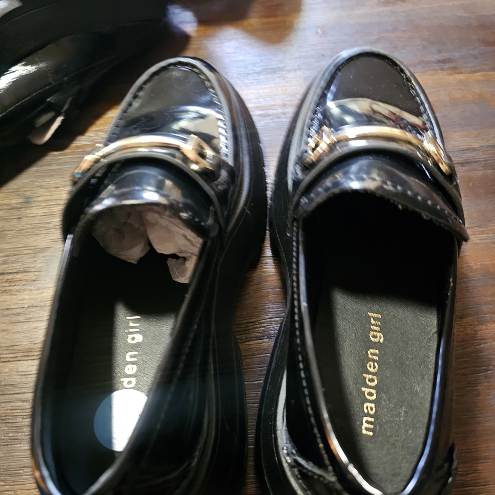 Madden Girl Glossy Black Loafers with Gold Accent